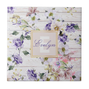 Romantic Vintage Retro Flowers on Barn Wood & Name Tile