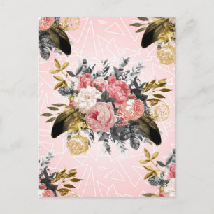 Romantic vintage roses and geometric design postcard
