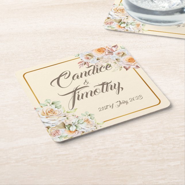Romantic Vintage Roses. Personalise.  Square Paper Coaster (Angled)