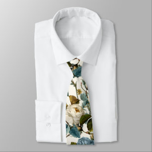 Romantic Vintage Roses White Blue  Tie