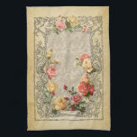 Romantic Vintage Sculpted Roses Tea Towel<br><div class="desc">Layers of beautiful roses in pastel shades of pink,  yellow and peach within a dimensional ornate engraved rustic floral frame on an ecru damask background. Note:  Sculpted,  engraved,  embossed and dimensional effects,  layered,  aged or eroded appearance,  textures and shadows achieved digitally. Actual product has a flat surface.</div>