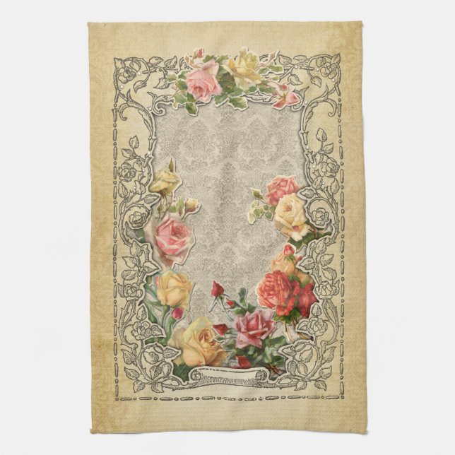 Romantic Vintage Sculpted Roses Tea Towel (Vertical)