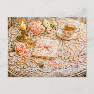 Romantic Vintage Still Life with Tea, Roses and Le Postcard