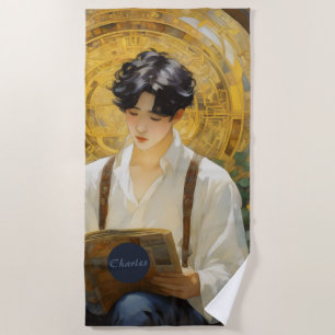 Romantic Vintage Style Art of Boy Reading Beach Towel