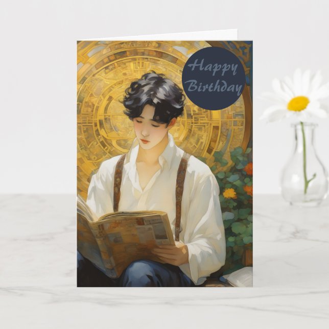 Romantic Vintage Style Art of Boy Reading Card (Small Plant)