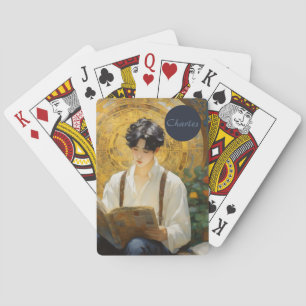 Romantic Vintage Style Art of Boy Reading Playing Cards