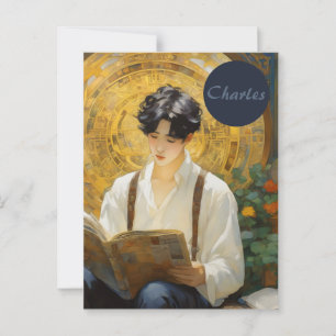 Romantic Vintage Style Art of Boy Reading Postcard