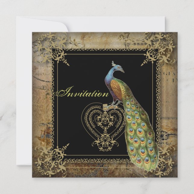 romantic vintage turquoise teal peacock wedding invitation (Front)