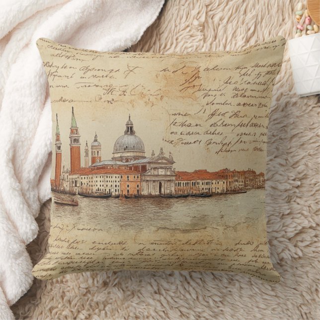 Romantic Vintage Venice Artwork with Script Cushion (Blanket)