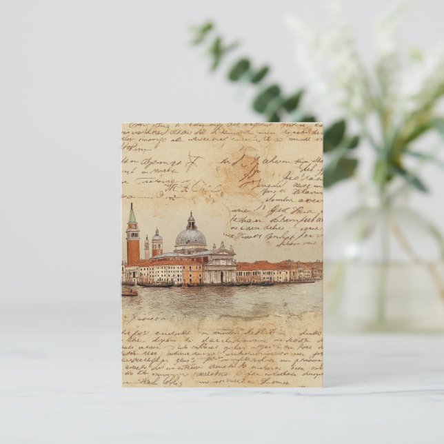 Romantic Vintage Venice Artwork with Script Postcard (Standing Front)
