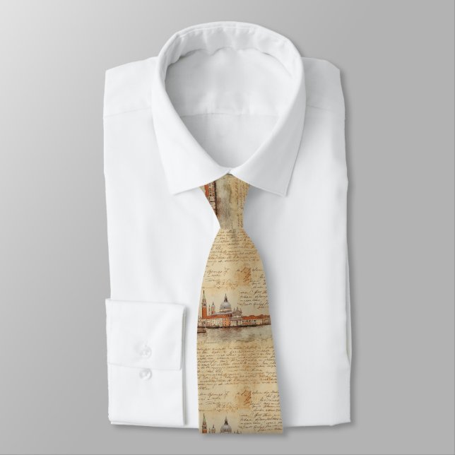 Romantic Vintage Venice Artwork with Script Tie (Tied)