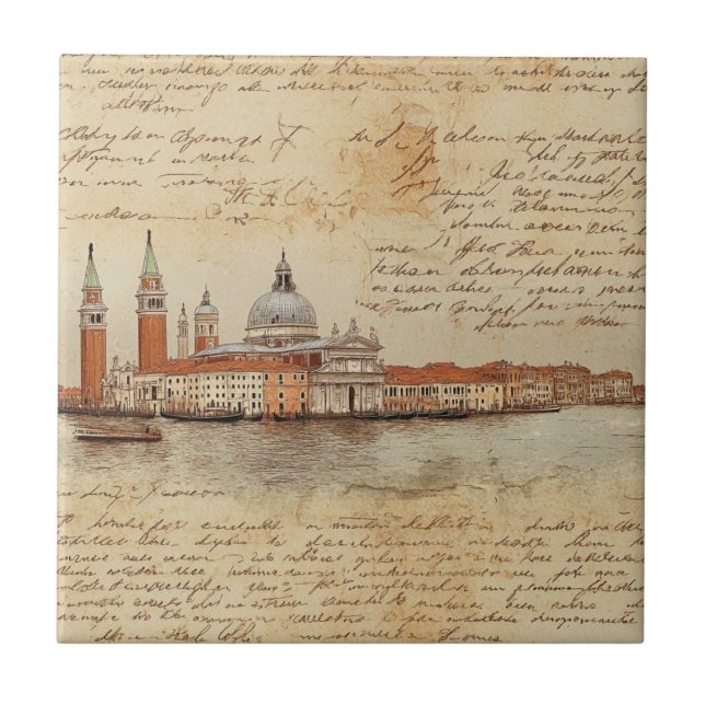 Romantic Vintage Venice Artwork with Script Tile (Front)