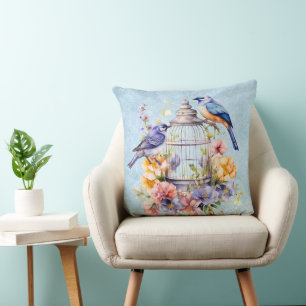Romantic Vintage Watercolor Floral Birdcage Cushion