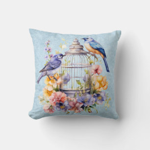 Romantic Vintage Watercolor Floral Birdcage Cushion