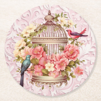Romantic Vintage Watercolor Floral Birdcage Round Paper Coaster