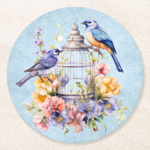 Romantic Vintage Watercolor Floral Birdcage Round Paper Coaster