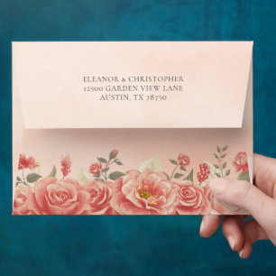 Romantic Vintage Wedding Coral Roses Peach Floral Envelope