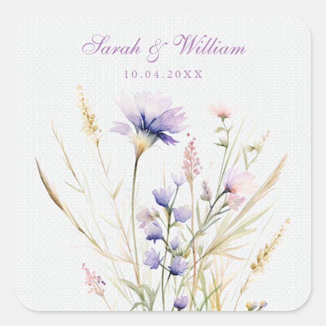 Romantic violet floral wedding square sticker (Front)