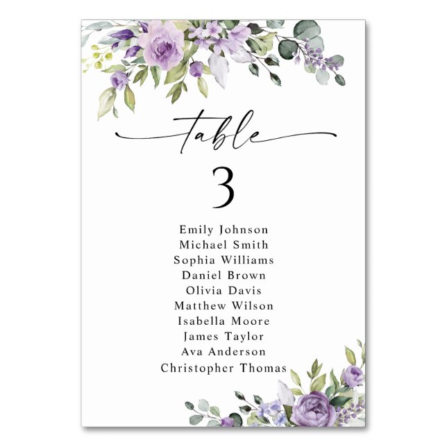 Romantic Violet Flower Table Seating Chart Cards (Front)