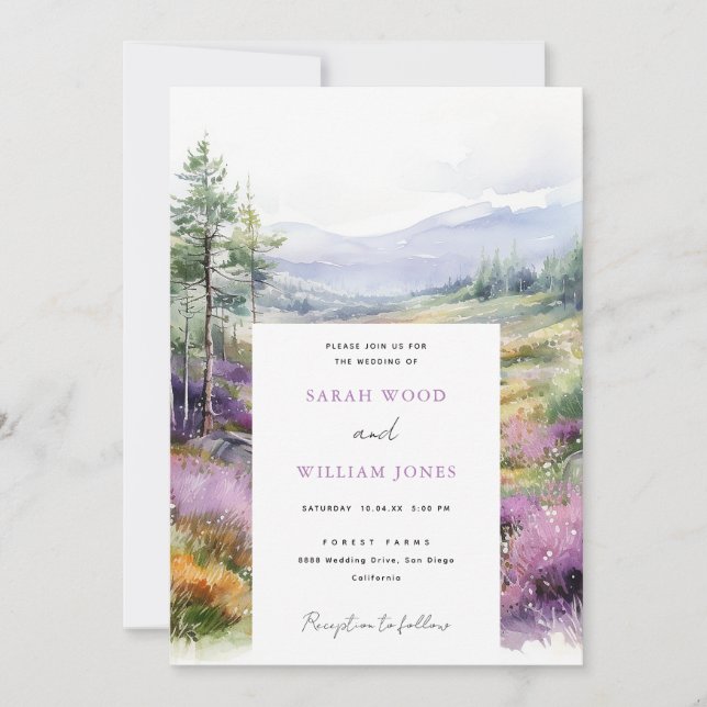 Romantic violet flowers and forest Wedding Invitation (Front)