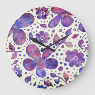 Romantic Violet Flowers and Leaves Original Art Large Clock