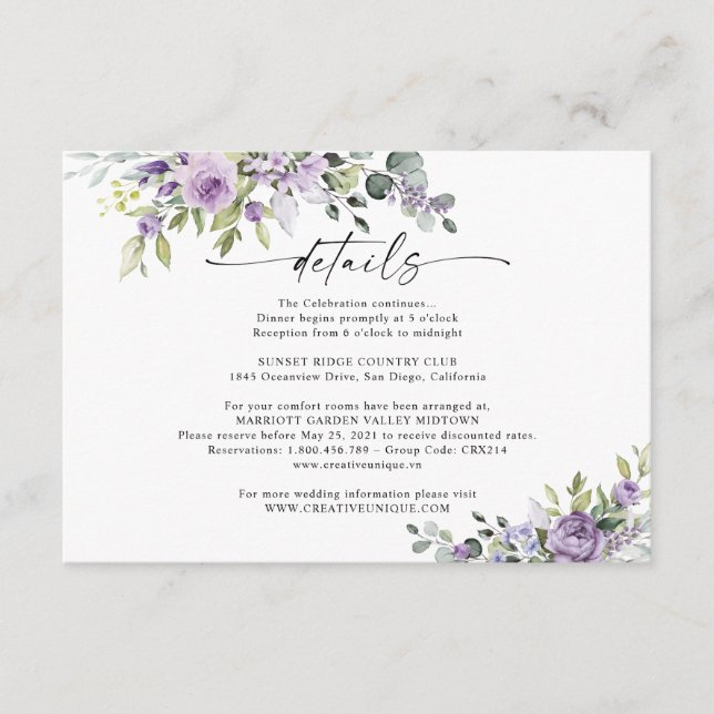 Romantic Violet Flowers Wedding Details Card (Front)