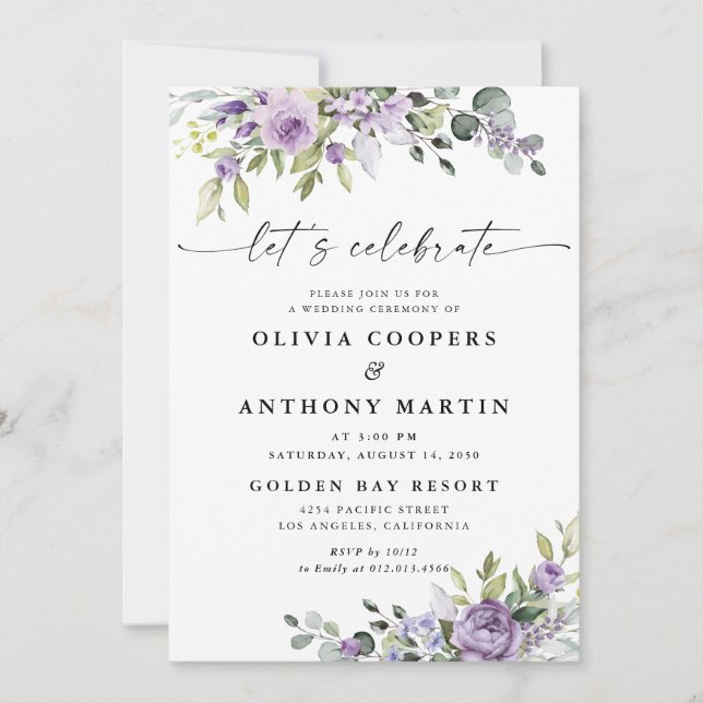 Romantic Violet Flowers Wedding Invitation (Front)