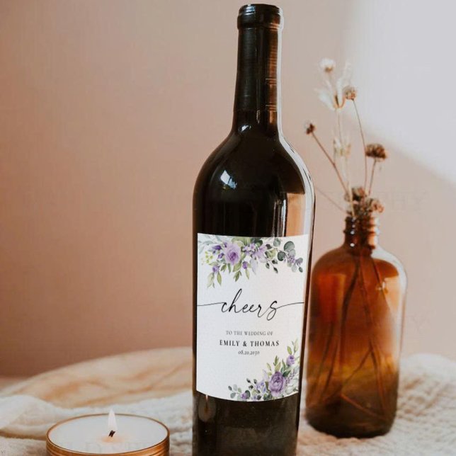 Romantic Violet Flowers Wedding Wine Label (Creator Uploaded)