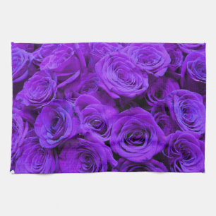 romantic violet purple roses, pretty rose bouquet tea towel