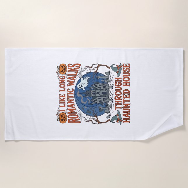 Romantic Walks Through Haunted House Ghost Pumpkin Beach Towel (Front)