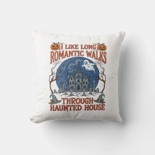 Romantic Walks Through Haunted House Ghost Pumpkin Cushion
