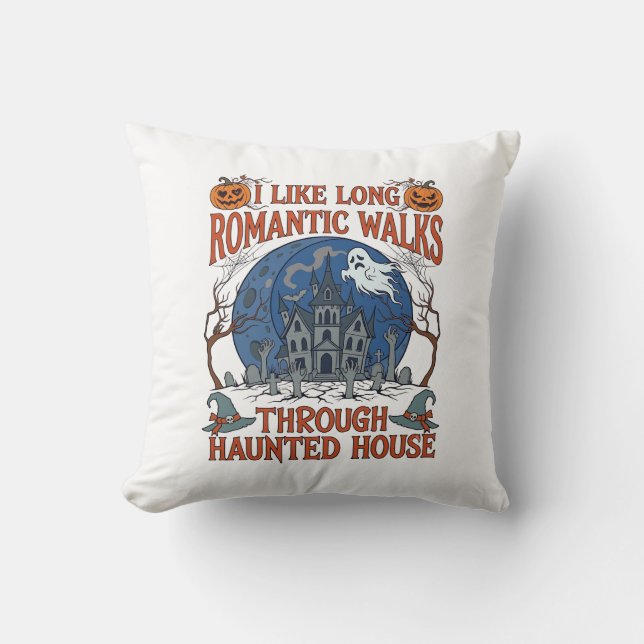 Romantic Walks Through Haunted House Ghost Pumpkin Cushion (Front)