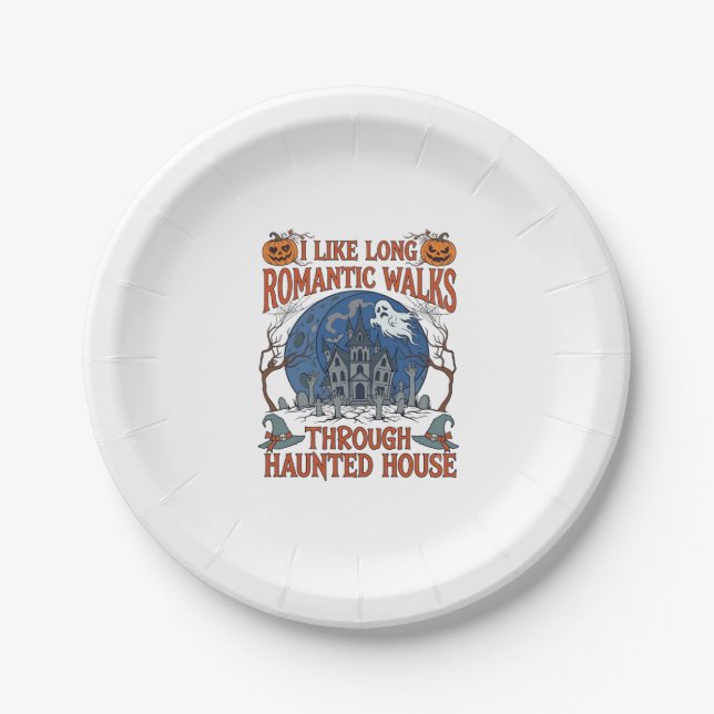 Romantic Walks Through Haunted House Ghost Pumpkin Paper Plate (Front)