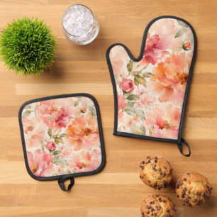 Romantic Warm Summer Watercolor Blossoms Oven Mitt & Pot Holder Set