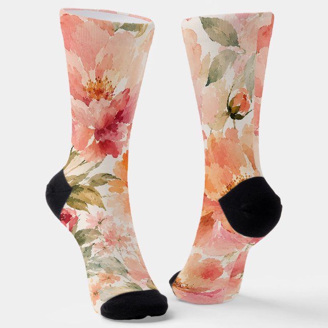 Romantic Warm Summer Watercolor Blossoms Socks (Angled)