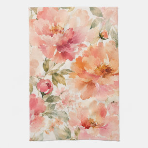 Romantic Warm Summer Watercolor Blossoms Tea Towel