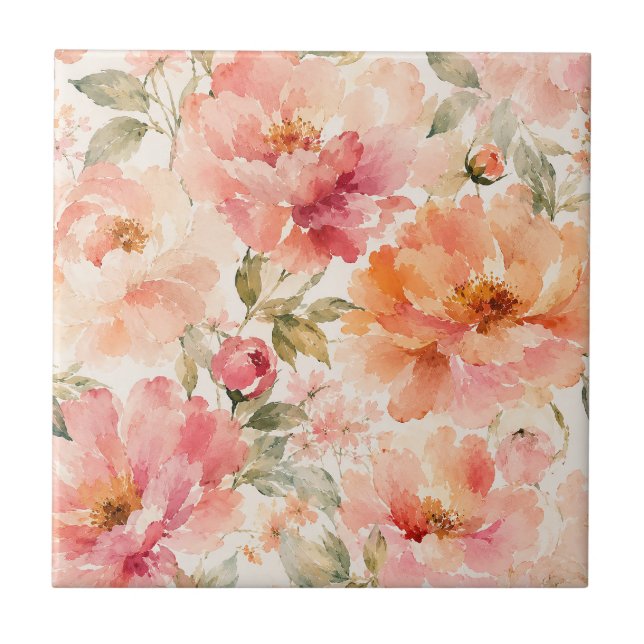 Romantic Warm Summer Watercolor Blossoms Tile (Front)