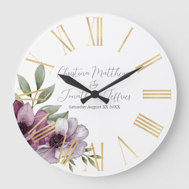 Romantic Watercolor Anemones Large Clock (Front)