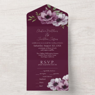Romantic Watercolor Anemones on Merlot All In One Invitation