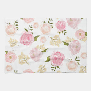 Romantic Watercolor Blush Peonies Floral Pattern Tea Towel
