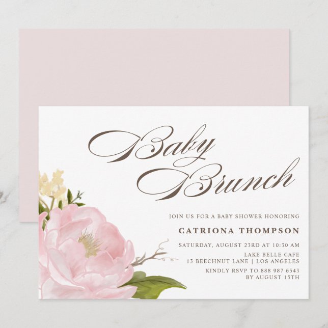 Romantic Watercolor Blush Pink Peony Baby Brunch Invitation (Front/Back)