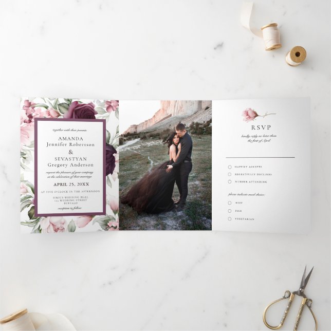 Romantic  Watercolor | Boho Wedding  Tri-Fold Invitation (Inside)
