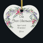 Romantic watercolor botanical first Christmas   Ceramic Tree Decoration<br><div class="desc">An elegant and vintage design featuring roses,  eucalyptus and lavender painted in romantic watercolor.</div>