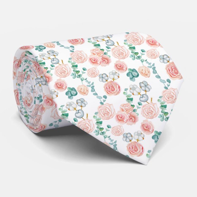 Romantic Watercolor Bouquet Roses Greenery Pattern Tie (Rolled)