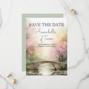 Romantic Watercolor Bridge & Pink Blossoms Wedding Save The Date