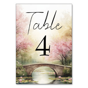 Romantic Watercolor Bridge & Pink Blossoms Wedding Table Number