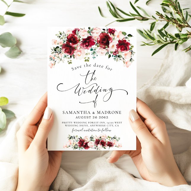 Romantic Watercolor Burgundy Blush Roses Wedding Save The Date (Creator Uploaded)
