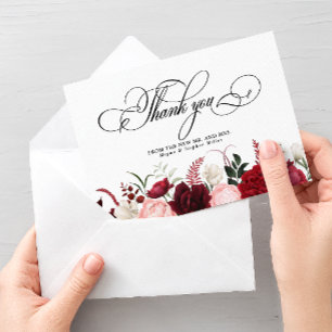 Romantic Watercolor Burgundy Floral Chic Wedding Thank You Card