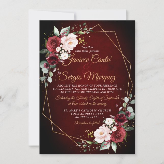Romantic Watercolor Burgundy Floral Geometric Invitation (Front)