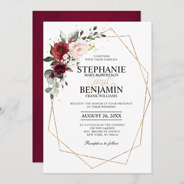 Romantic Watercolor Burgundy Floral Geometric Invitation (Front/Back)